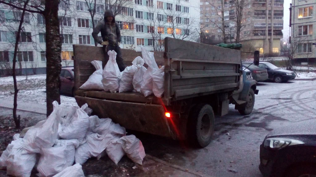 Вывоз мусора в мешках в Волхове в октябре